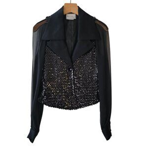 Vintage Frank Usher Sequin Top Sheer‎ Arms Tuxedo Look Top US 8 UK 12
